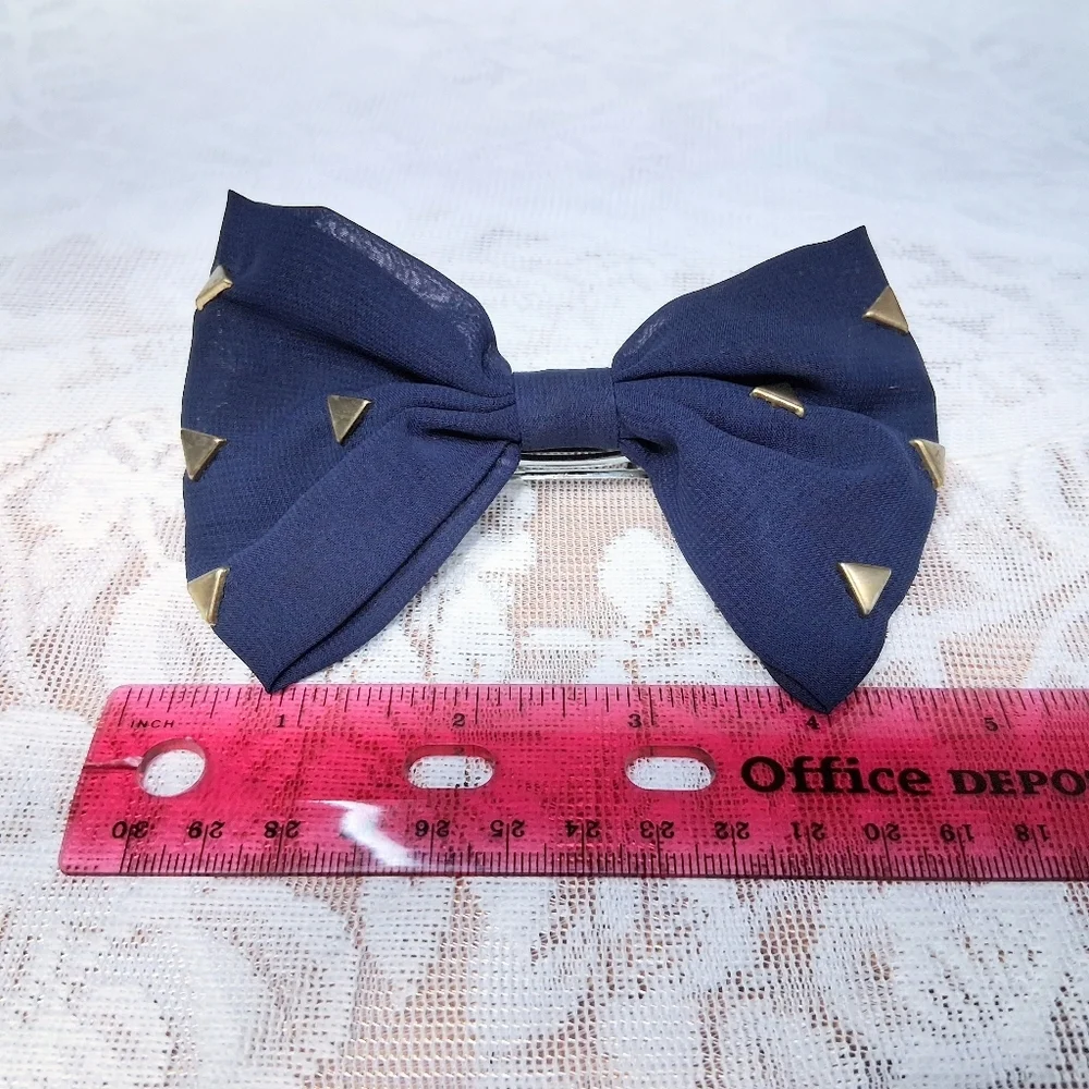 Fabric Bow Barrette French Clip Navy Blue With Brass Studs - Picture 9 of 11